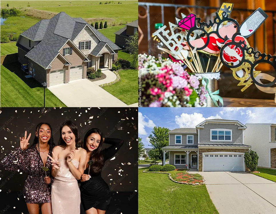 A collage of pictures with houses and people